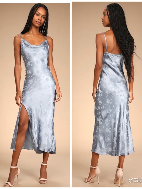 Lulus Dresses & Skirts - Lulus XL All About You Slate Blue Floral Jacquard Satin Midi Dress NWT FLAW